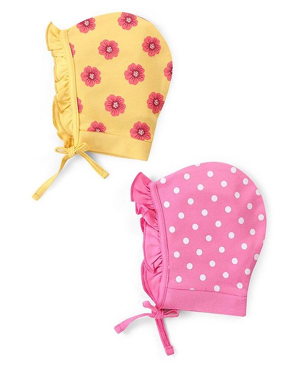 Babyhug 100% Cotton Bonnet Cap with Floral Print Pack of 2 - Multicolor