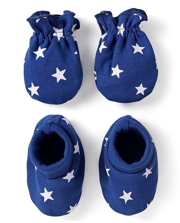 Babyhug 100% Cotton Mittens & Booties Set Star Print - Navy Blue