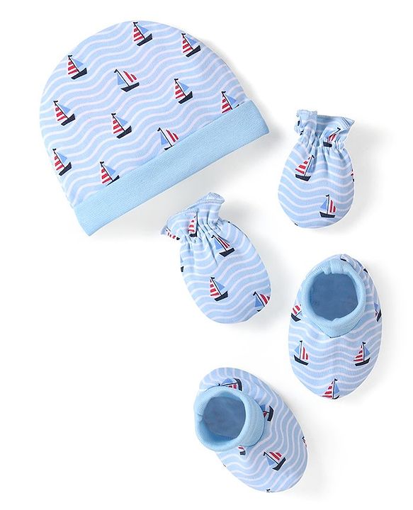 Babyhug 100% Cotton Cap Mittens & Booties Set Boat Print  Blue - Diameter  11.5 Cm