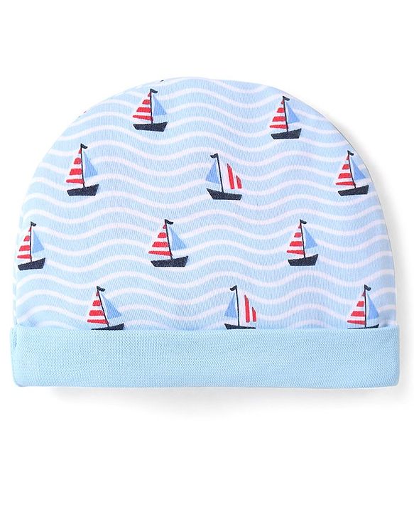 Babyhug 100% Cotton Cap Mittens & Booties Set Boat Print  Blue - Diameter  11.5 Cm