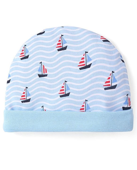 Babyhug 100% Cotton Cap Mittens & Booties Set Boat Print  Blue - Diameter  11.5 Cm