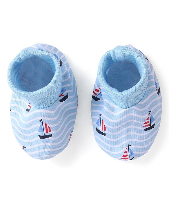 Babyhug 100% Cotton Cap Mittens & Booties Set Boat Print  Blue - Diameter  11.5 Cm