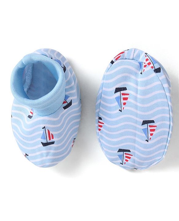 Babyhug 100% Cotton Cap Mittens & Booties Set Boat Print  Blue - Diameter  11.5 Cm