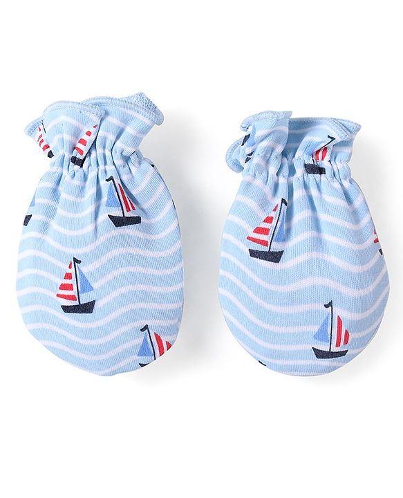 Babyhug 100% Cotton Cap Mittens & Booties Set Boat Print  Blue - Diameter  11.5 Cm