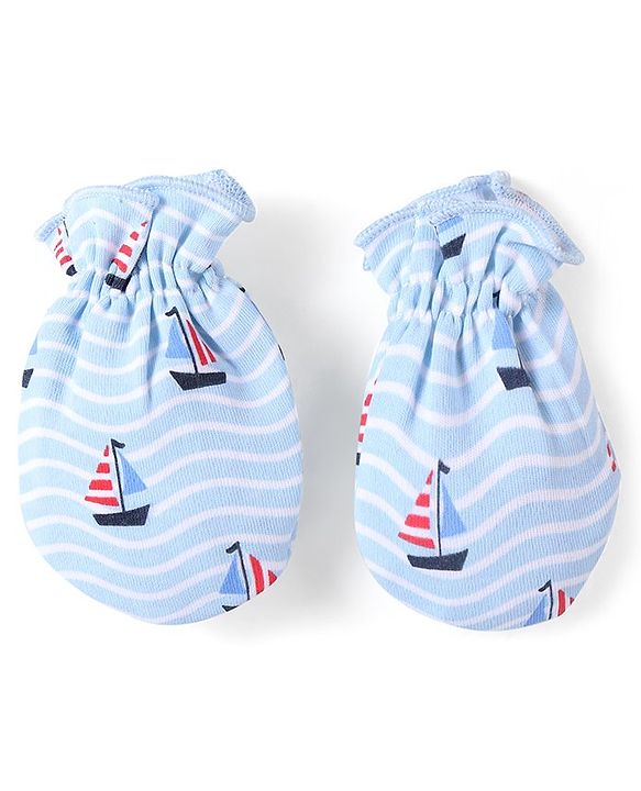 Babyhug 100% Cotton Cap Mittens & Booties Set Boat Print  Blue - Diameter  11.5 Cm