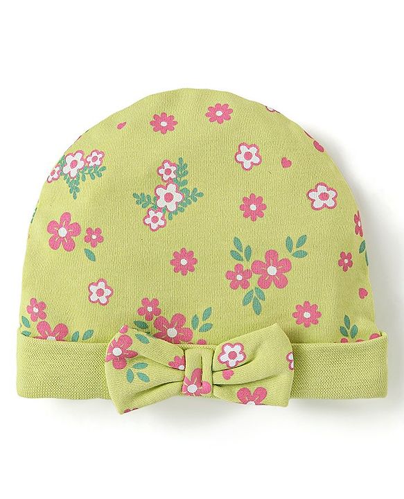 Babyhug 100% Cotton Cap Mittens & Booties Set Floral Print - Green