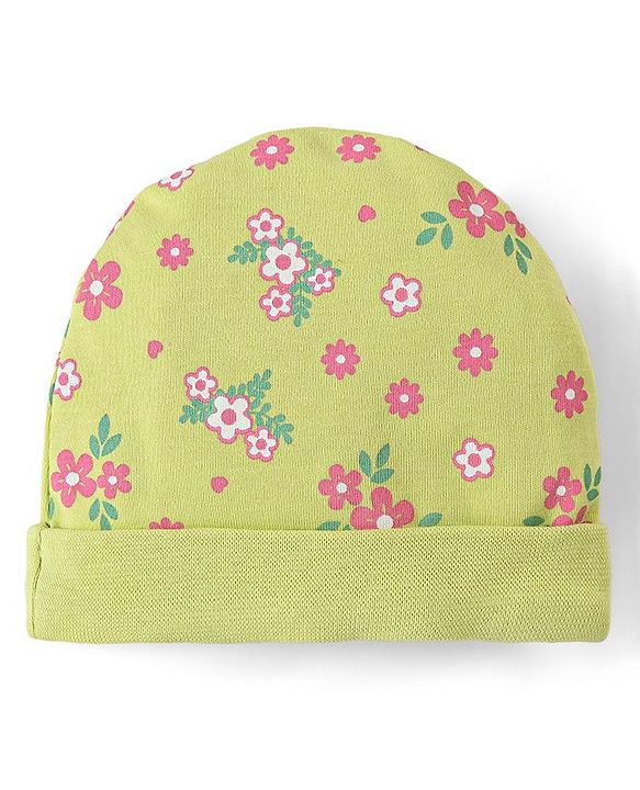 Babyhug 100% Cotton Cap Mittens & Booties Set Floral Print - Green