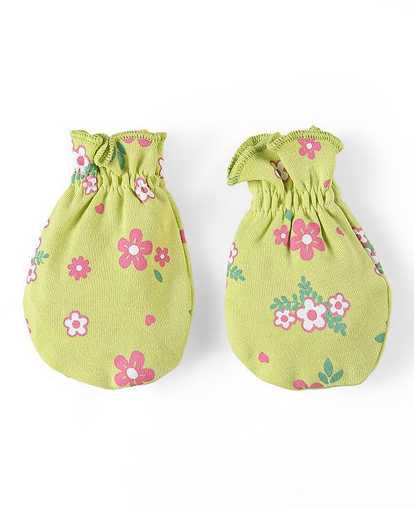 Babyhug 100% Cotton Cap Mittens & Booties Set Floral Print - Green