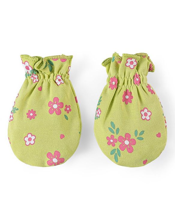 Babyhug 100% Cotton Cap Mittens & Booties Set Floral Print - Green