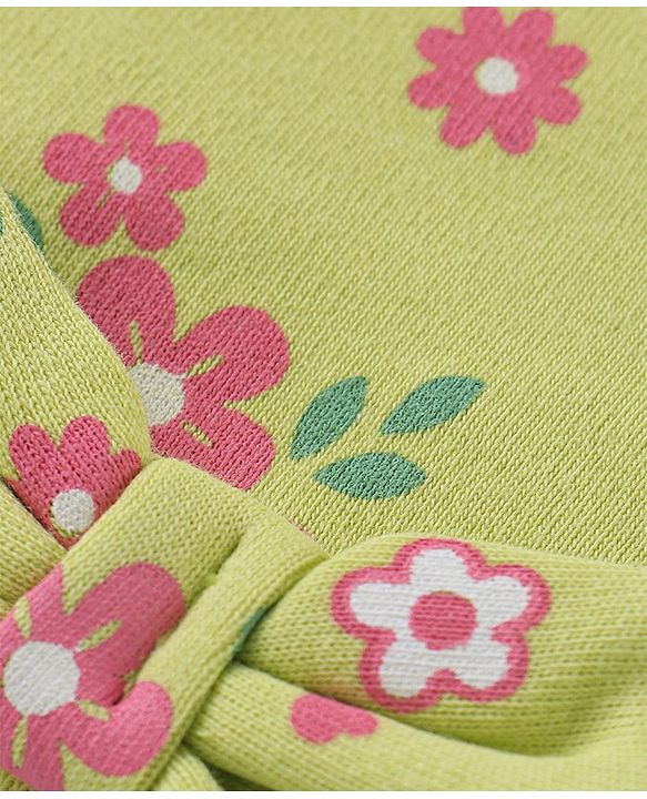 Babyhug 100% Cotton Cap Mittens & Booties Set Floral Print - Green