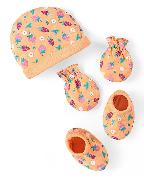 Babyhug 100% Cotton Cap Mittens & Booties Set Strawberry Print - Multicolour