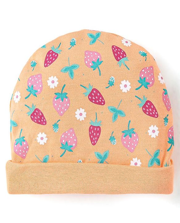 Babyhug 100% Cotton Cap Mittens & Booties Set Strawberry Print - Multicolour