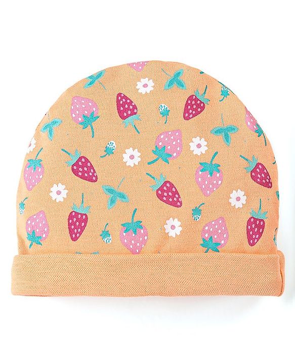 Babyhug 100% Cotton Cap Mittens & Booties Set Strawberry Print - Multicolour