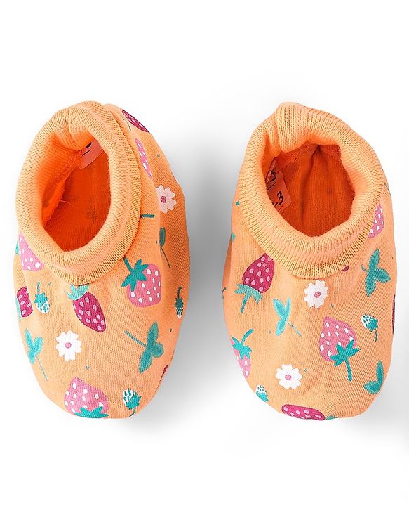 Babyhug 100% Cotton Cap Mittens & Booties Set Strawberry Print - Multicolour