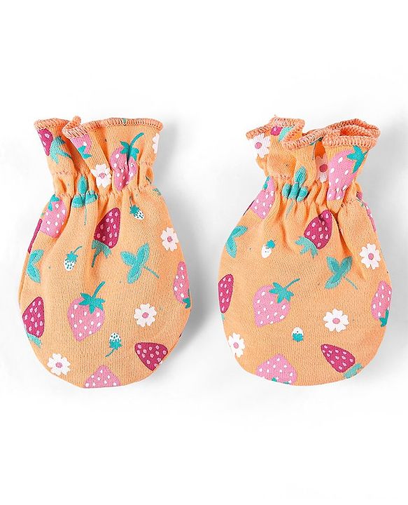 Babyhug 100% Cotton Cap Mittens & Booties Set Strawberry Print - Multicolour