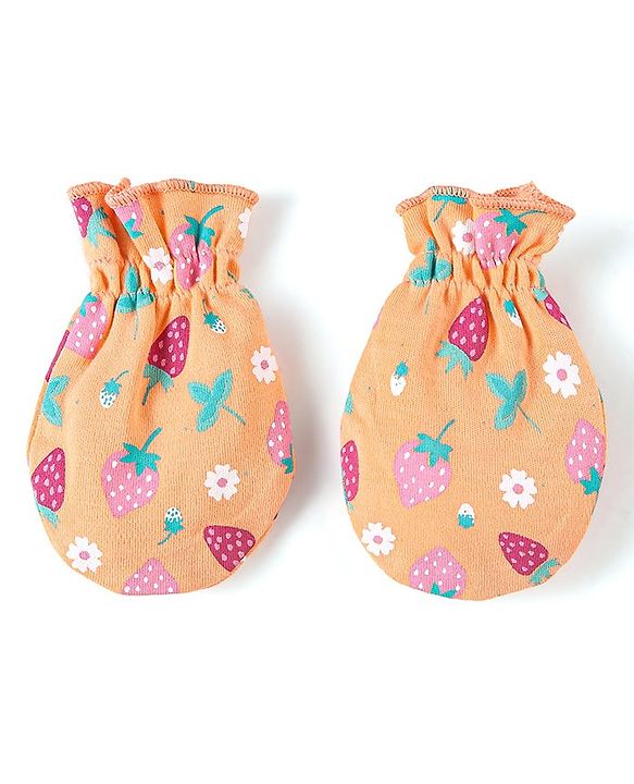 Babyhug 100% Cotton Cap Mittens & Booties Set Strawberry Print - Multicolour