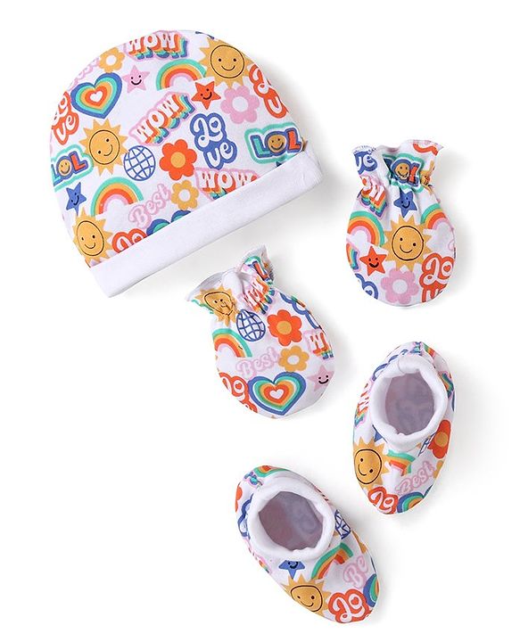 Babyhug 100% Cotton Cap Mittens & Booties Set Text Print Multicolour - Diameter  11.5 cm