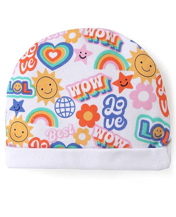 Babyhug 100% Cotton Cap Mittens & Booties Set Text Print Multicolour - Diameter  11.5 cm