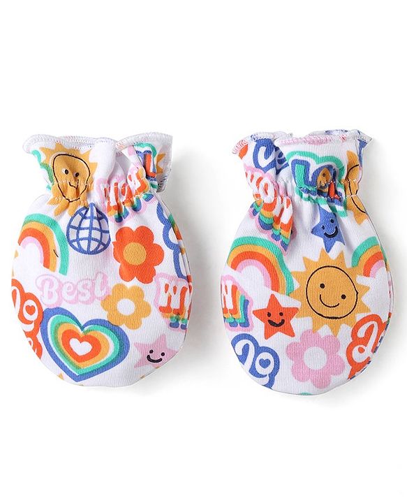 Babyhug 100% Cotton Cap Mittens & Booties Set Text Print Multicolour - Diameter  11.5 cm