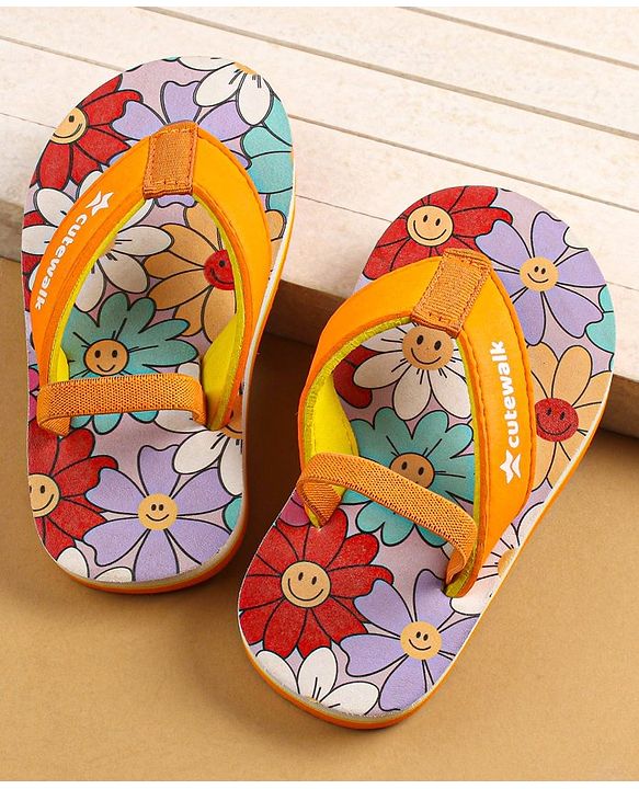 Cute Walk by Babyhug Slip On Floral Printed Flip Flops with Back Strap Closure - Orange