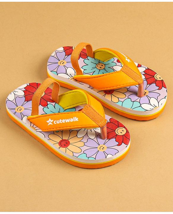 Cute Walk by Babyhug Slip On Floral Printed Flip Flops with Back Strap Closure - Orange