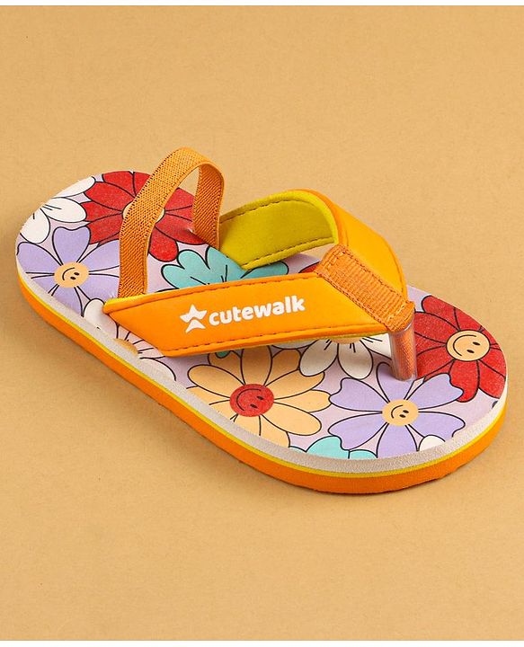 Cute Walk by Babyhug Slip On Floral Printed Flip Flops with Back Strap Closure - Orange