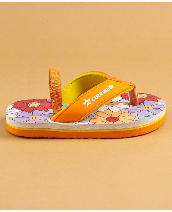 Cute Walk by Babyhug Slip On Floral Printed Flip Flops with Back Strap Closure - Orange