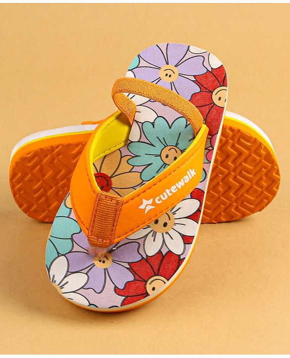 Cute Walk by Babyhug Slip On Floral Printed Flip Flops with Back Strap Closure - Orange