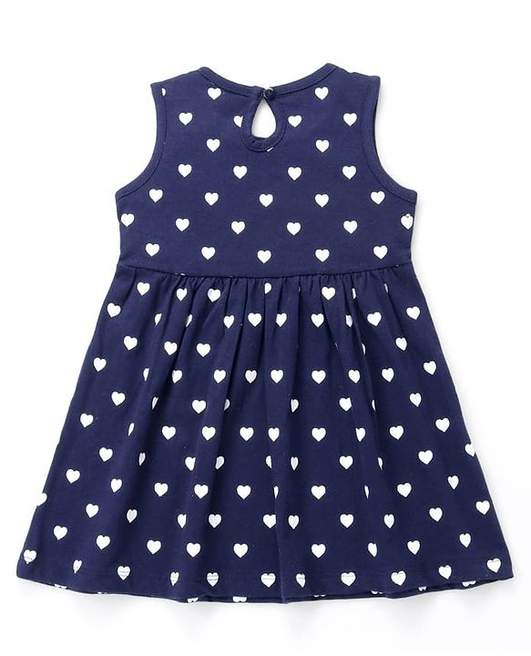 Babyhug Single Jersey Sleeveless Frock with Heart Print - Navy