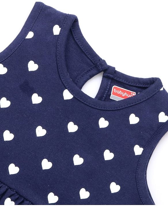 Babyhug Single Jersey Sleeveless Frock with Heart Print - Navy