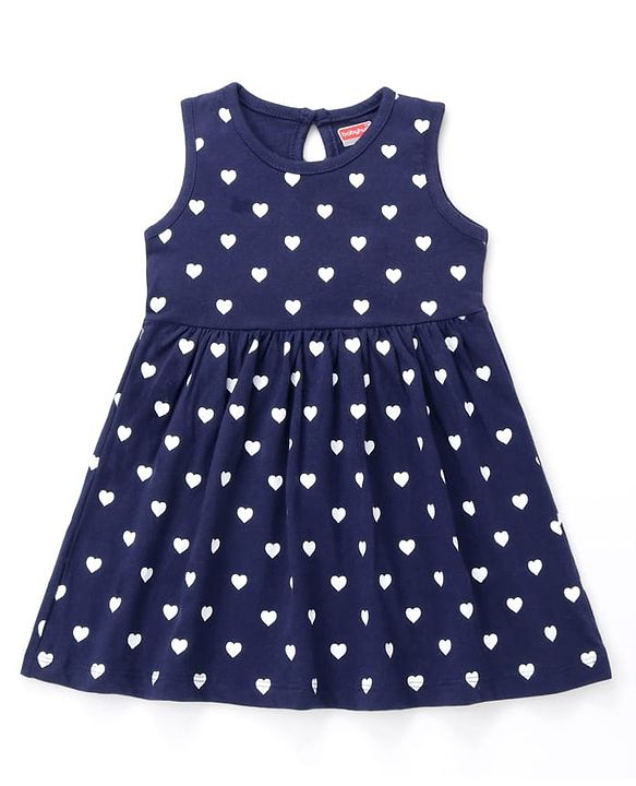 Babyhug Single Jersey Sleeveless Frock with Heart Print - Navy