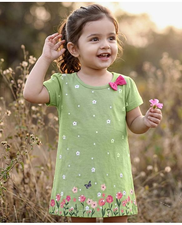Babyhug Cotton Knit Half Sleeves Frock with Floral Print & Bow Detailing - Green