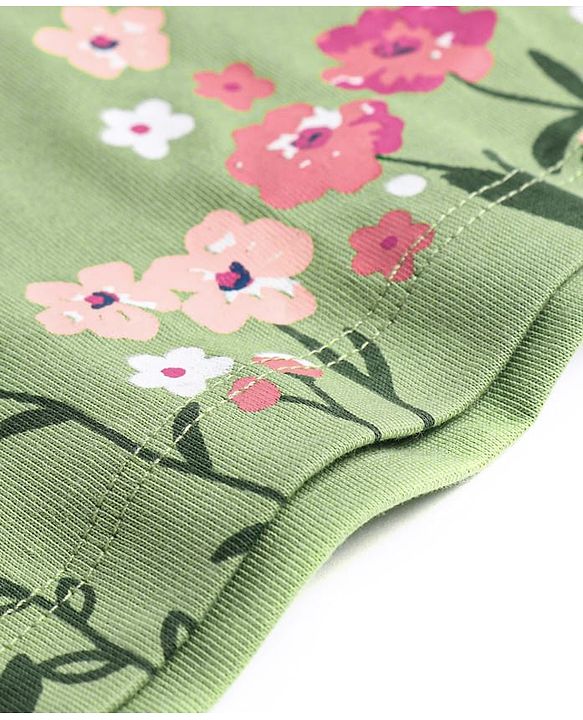 Babyhug Cotton Knit Half Sleeves Frock with Floral Print & Bow Detailing - Green