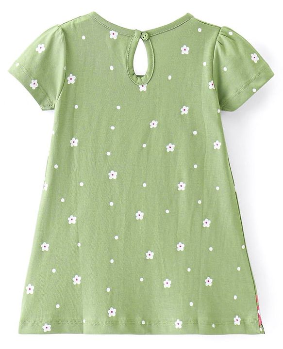 Babyhug Cotton Knit Half Sleeves Frock with Floral Print & Bow Detailing - Green