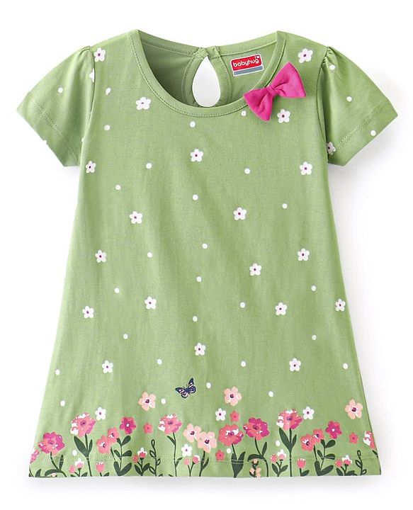 Babyhug Cotton Knit Half Sleeves Frock with Floral Print & Bow Detailing - Green