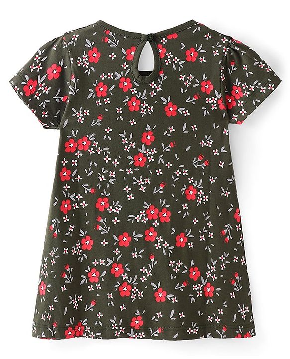 Babyhug Single Jersey Knit Half Sleeves Frock with Floral Print & Bow Applique - Green