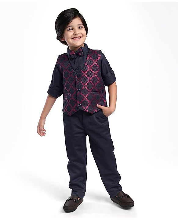 Babyhug Woven Full Sleeves Floral Embroidered 3 Piece Party Suit with Bow - Maroon & Navy Blue