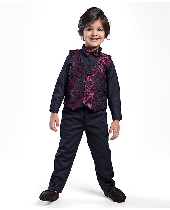 Babyhug Woven Full Sleeves Floral Embroidered 3 Piece Party Suit with Bow - Maroon & Navy Blue