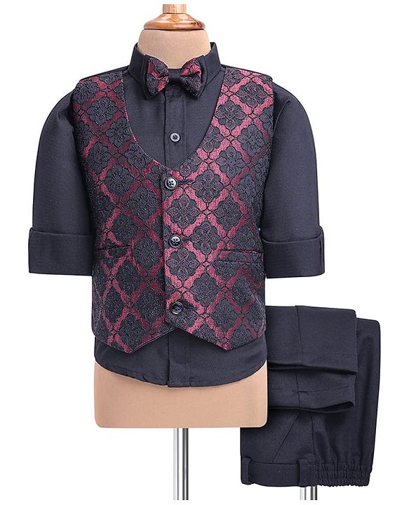 Babyhug Woven Full Sleeves Floral Embroidered 3 Piece Party Suit with Bow - Maroon & Navy Blue
