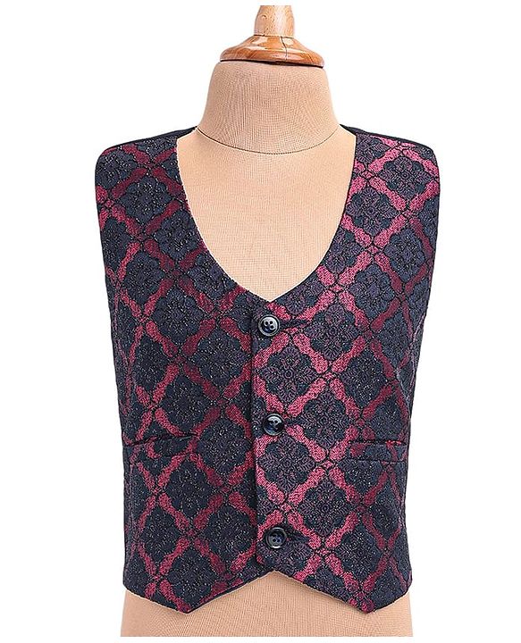 Babyhug Woven Full Sleeves Floral Embroidered 3 Piece Party Suit with Bow - Maroon & Navy Blue