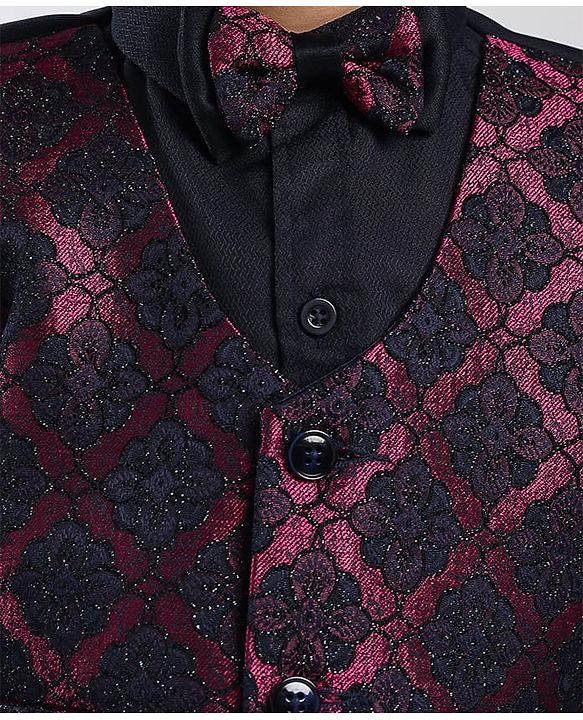 Babyhug Woven Full Sleeves Floral Embroidered 3 Piece Party Suit with Bow - Maroon & Navy Blue