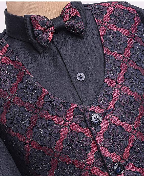 Babyhug Woven Full Sleeves Floral Embroidered 3 Piece Party Suit with Bow - Maroon & Navy Blue
