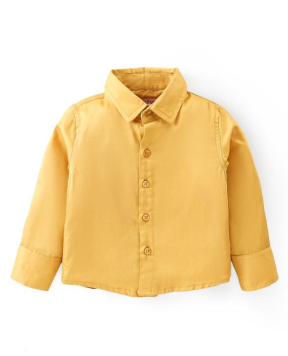 Babyhug Cotton Woven Full Sleeves Party Shirt & Trouser Set with Suspendor & Bow -Mustard & Black