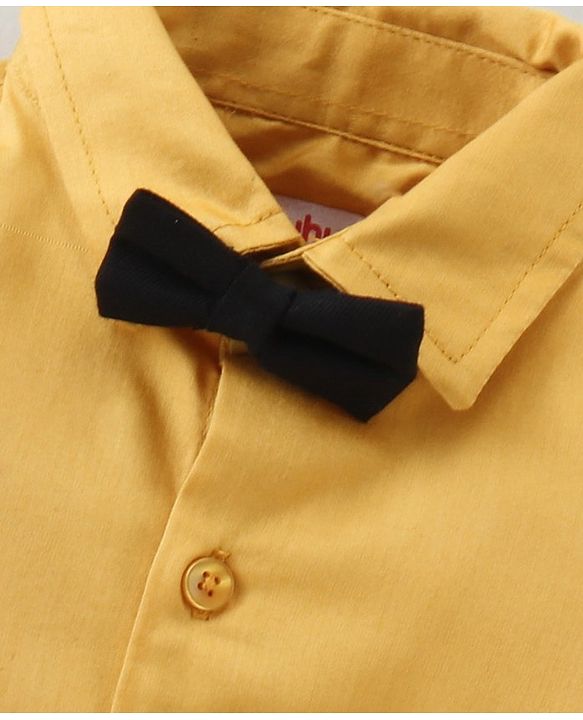 Babyhug Cotton Woven Full Sleeves Party Shirt & Trouser Set with Suspendor & Bow -Mustard & Black