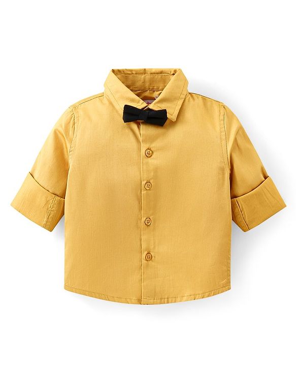 Babyhug Cotton Woven Full Sleeves Party Shirt & Trouser Set with Suspendor & Bow -Mustard & Black