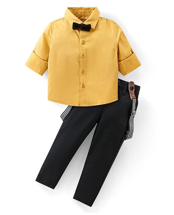 Babyhug Cotton Woven Full Sleeves Party Shirt & Trouser Set with Suspendor & Bow -Mustard & Black