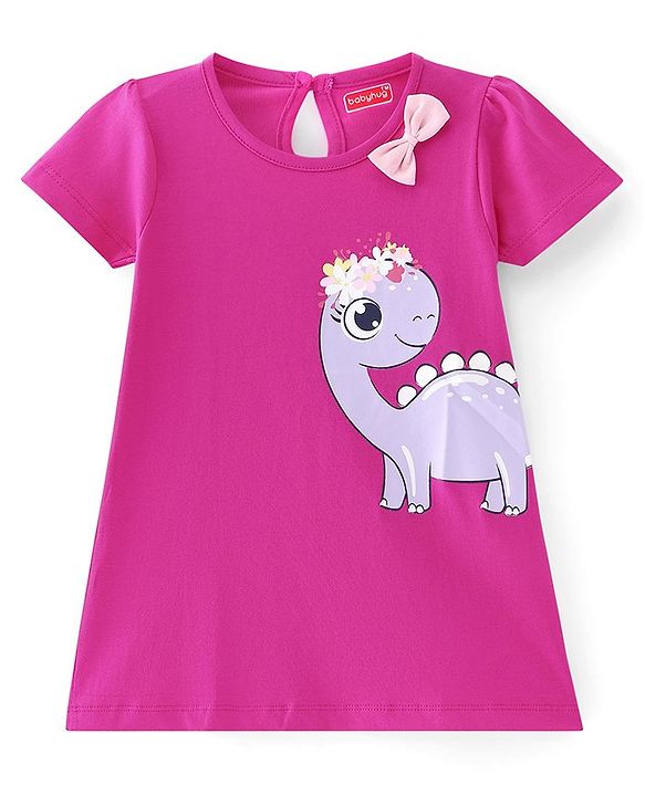 Babyhug Single Jersey Knit Half Sleeves Dino Printed Frock with Bow Applique  -Pink