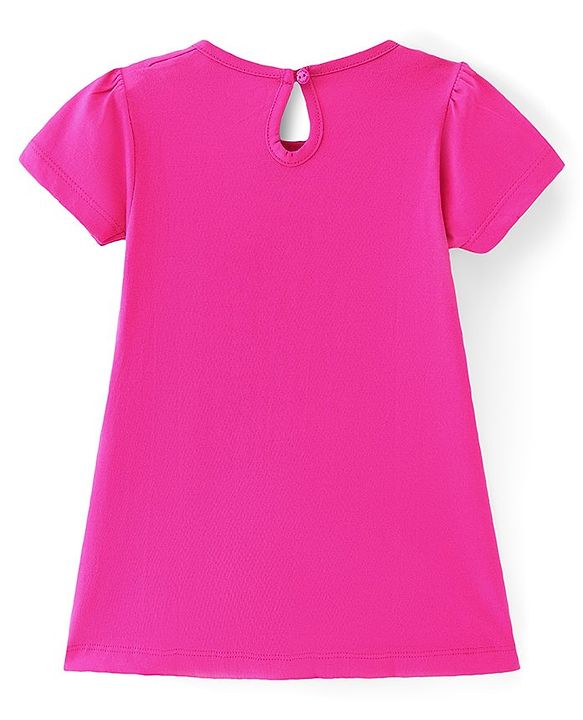 Babyhug Single Jersey Knit Half Sleeves Dino Printed Frock with Bow Applique  -Pink