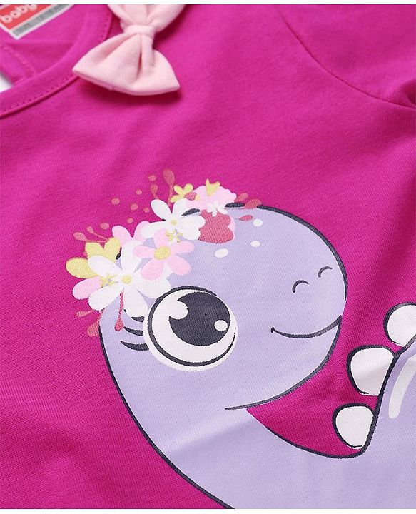 Babyhug Single Jersey Knit Half Sleeves Dino Printed Frock with Bow Applique  -Pink