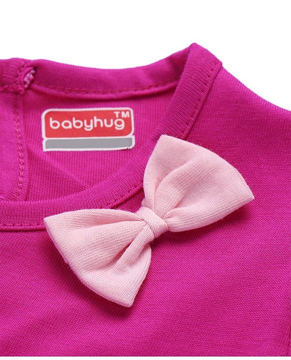 Babyhug Single Jersey Knit Half Sleeves Dino Printed Frock with Bow Applique  -Pink